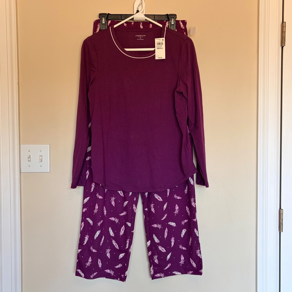 Charter Club Intimates Feathers Plum 2pc Pajama PJ Sleep Set Cozy Small NEW NWT